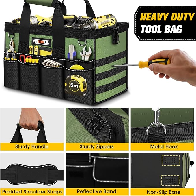 18-Inch Heavy Duty Tool Bag, 19-Pockets Tool Box Organizer, Portable Toolbag W/Soft Handle for Organized Storage, Mechanic Gifts for Men Dad Husband Fathers Day, Wide Mouth Electrician Toolbox, Green