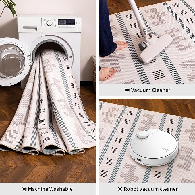 8x10 Washable Area Rug for Living Room, Neutral Geometric, Cream Beige | Southwestern Tribal Boho Pattern, Low Pile Non Slip Rug for Bedroom Dining Room Office, Soft Faux Wool