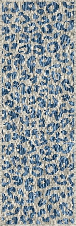Unique Loom Outdoor Safari Collection Area Rug - Leopard (2' x 6' 1" Runner, Blue Yellow/ Blue)