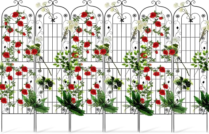 Blulu 6 Pack 87 x 20in Metal Garden Trellis for Climbing Plants Outdoor Tall Trellis Black Rustproof Decorative Plant Lattice Panels for Roses Jasmine Vine Flower Vegetable Support