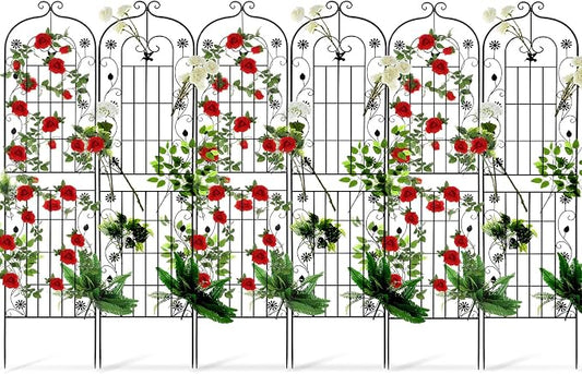 Blulu 6 Pack 87 x 20in Metal Garden Trellis for Climbing Plants Outdoor Tall Trellis Black Rustproof Decorative Plant Lattice Panels for Roses Jasmine Vine Flower Vegetable Support