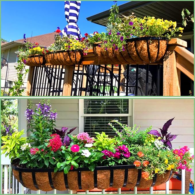 LCHUANG Railing Planter Window Box - 2 Pack 24 Inch Deck Balcony Rail Planter with Coconut Coir Liner, Fence Metal Hanging Flower Basket Deck Railing Planter Boxes for Outdoor Garden