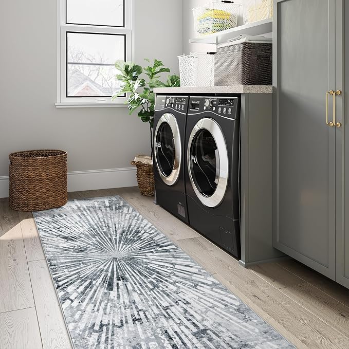 Lahome Manon Grey Hallway Runner Rug 2.5x8, Non Slip Rug Runners for Hallway, Low Pile Modern Kitchen Runner Washable Abstract Soft Carpet Runner for Entryway Bathroom