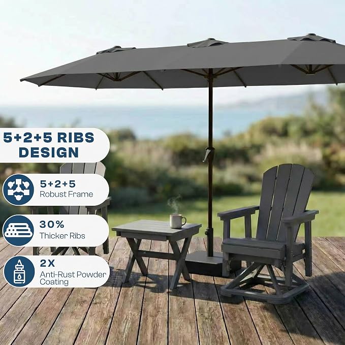 15FT Large Patio Umbrella with Base Included, Double Sided Outdoor Market Umbrella with Flexible Fiberglass Ribs, UV-Blocking Extra Large Umbrella for Garden, Pool, Deck, Gray
