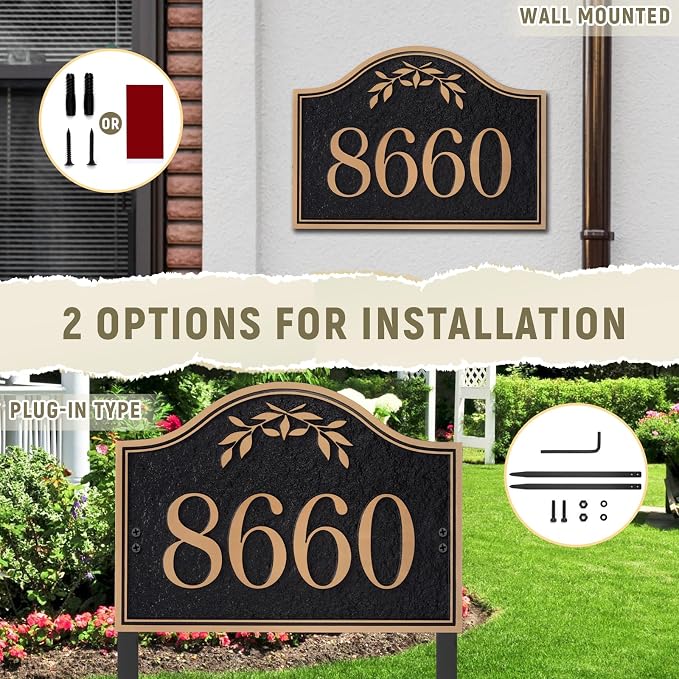 Yard Address Sign - Personalized Address Plaque,House Number Yard Sign,House Numbers for Outside,Lawn,Yard,Ground with 2 Stakes (Black/Rose Gold)