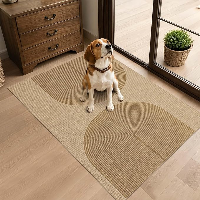 Outdoor Easy Jute Rug 2x3: Modern Natural Area Rugs for Front Patio Hallway Linen-Look Fabric Durable - Neutral Washable Mat for Entryway Kitchen Bedroom - Geometric Arch Pattern
