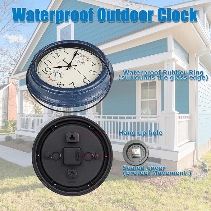 Crosstime 12 Inch Outdoor Clock Waterproof with Thermometer & Hygrometer – Silent Retro Wall Clock for Patio, Pool, Porch, Backyard, Bathroom – Blue