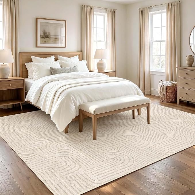 Etwel 6x9 Beige Modern Geometric Textured High-Low Pile Washable Area Rug | Soft Carpet, Non-Slip PVC Backing, Low Profile, Kid and Pet Friendly, for Living Room, Bedroom, Dining Room, Nursery
