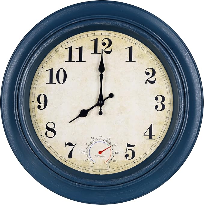 Outdoor Clock Waterproof with Thermometer Wall Clock for Patio Pool Bathroom Kitchen 18 Inch Blue