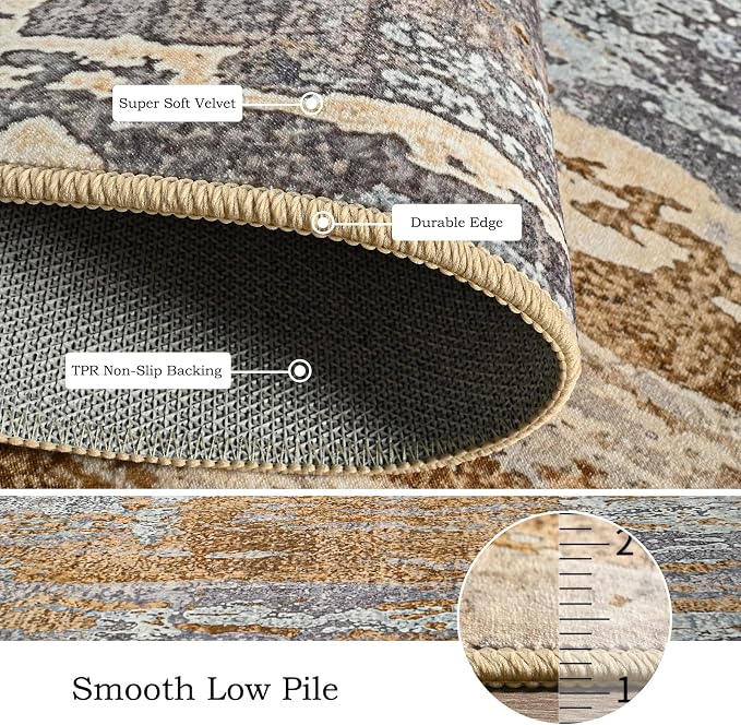 Toneed Washable 8x10 Camel Area Rug with Non-Slip Backing for Living Room | Abstract Modern Rugs, Soft Low Pile Carpet for Bedroom Kitchen Dining Room Nursery Indoor Floor Office Home Decor