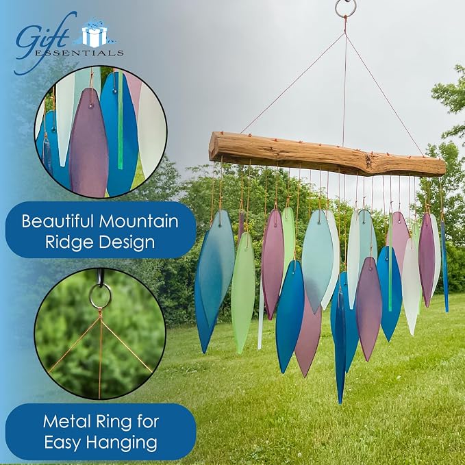 Blue Handworks Mountain Ridge Glass Leaves Wind Chime | Sandblasted Glass and Found Wood Handcrafted Wind Chime