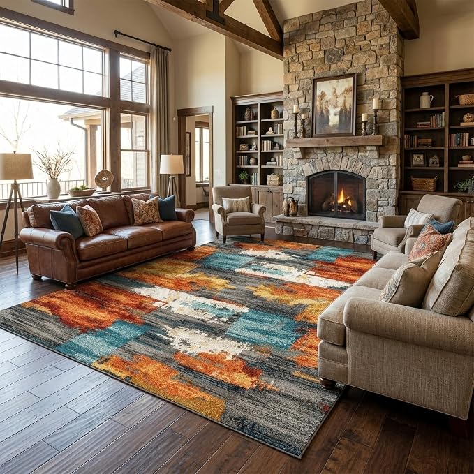 6x9 Burnt Orange and Teal Abstract Brushstroke Area Rug | Soft Low-Pile Machine-Washable Rug with Non-Slip Backing for Dining Rooms, Entryways and Reading Areas for Easy Everyday Care