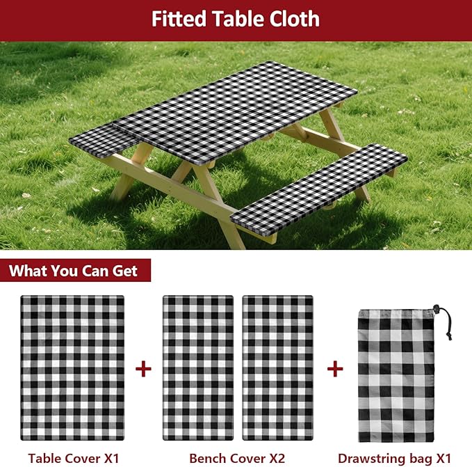 6ft Picnic Table and Bench Cover, Camping Essentials RV Gear, 72in Waterproof Windproof Outdoor Elastic All Around Tablecloth, Fitted Rectangle Tables and Seats, Black-White Checkered