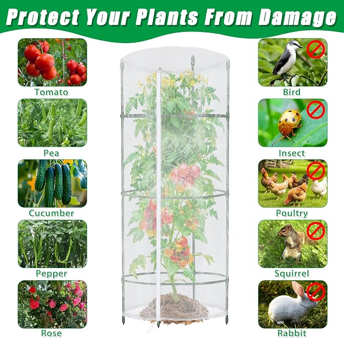 3PCS Garden Netting for Tomato Plants, 57" x 15.7" Round Tomato Cage Bird Netting Plant Cover Insect Barrier Mesh with Zipper, Tomato Trellis Garden Protection Net Cover for Climbing Plants Vegetables