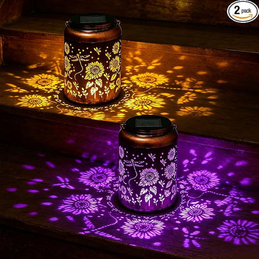 2 Pack Dragonfly Solar Lanterns Outdoor Waterproof, Birthday Gifts for Women Mom Grandma Seniors, Metal Hanging Lanterns Decorative Colorful LED Lights for Lawn, Yard, Patio, Backyard, Porch
