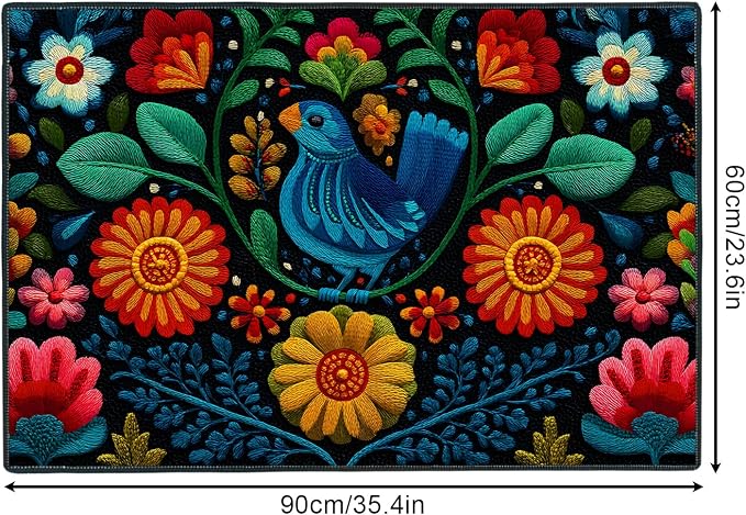 Blue Bird Folk Art Floral 2x3 Entry Rug,Washable Small Rugs for Entryway Kitchen Bathroom Door Mat Indoor Entrance,Non Slip Rubber Backing, Stain & Fade Resistant,Vibrant Mexican Embroidery Decor