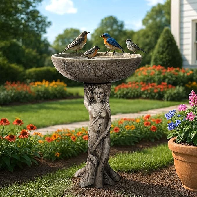 SKYFIRE 25” Tall Outdoor Concrete Bird Bath -Tree Nymph Goddess Pedestal Birdbath Bowl with Wood Grain Texture for Patio, Lawn, Yard, Outdoor Decor - 17”Dia. Garden Decor Statue Birdbaths for Birds