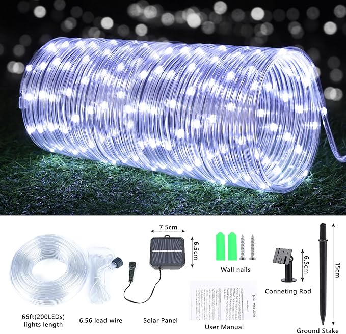 Jnaurb Solar Rope Lights, 66ft 200LED Solar String Lights, 8 Modes Waterproof Solar Outdoor Light, Flexible Clear Trampoline Light for Garden Backyard Patio Deck Porch Pool Tree Decor - White