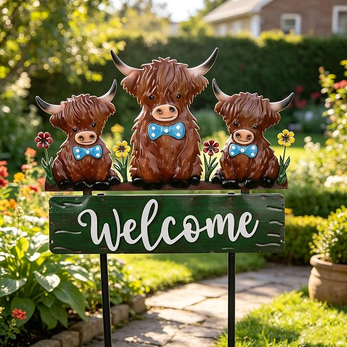 43.3inch Highland Cow Yard Stakes for Decorations Outdoor, Vintage Farmhouse Decorative Garden Stakes Large Metal Yard Art with Welcome Sign