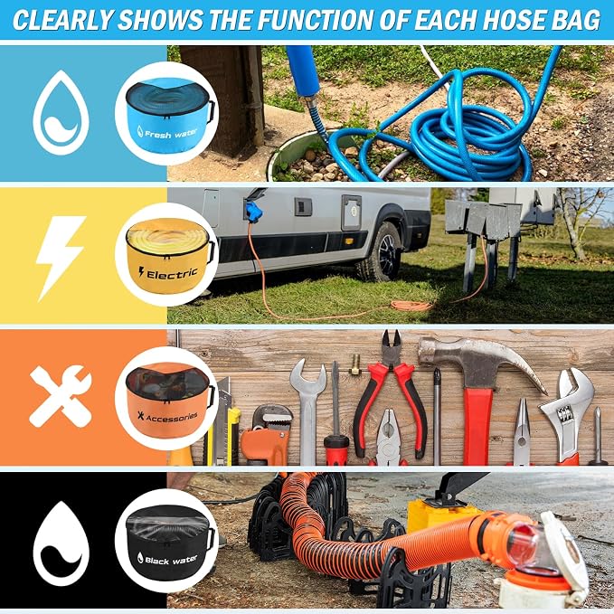 4 Pack RV Sewer Hose Storage, Visible Cover And Two-Way Zipper RV Hose Storage Bags, Waterproof RV Accessories Bags Utility Bag Organizer for Garden Fresh Water Hoses Electrical Cords Camper Tools