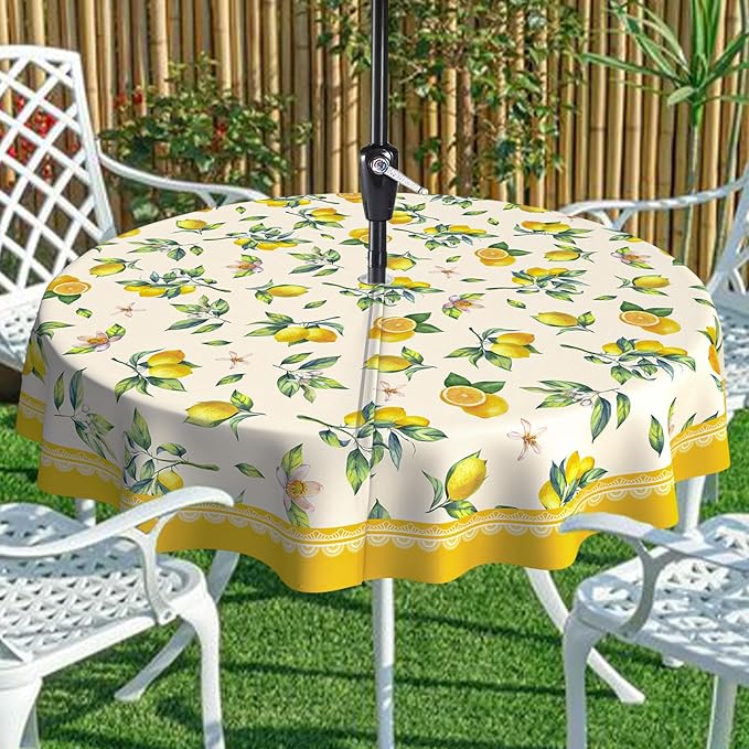 Lemon Outdoor Tablecloth with Umbrella Hole 60" x 60" Waterproof Zipper Table Cloth for Patio Table - Ideal Tablecloths for Picnics, Camping, and Yard Use