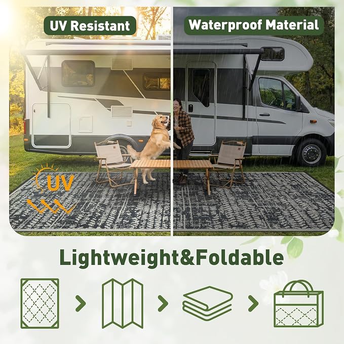 MontVoo Outdoor Rug 9x12 Waterproof-Patio Rug Mat Outdoor RV Camping Picnic Beach Mat Plastic Straw Rugs Outside Outdoor Area Rugs for Balcony Deck Backyard Grey