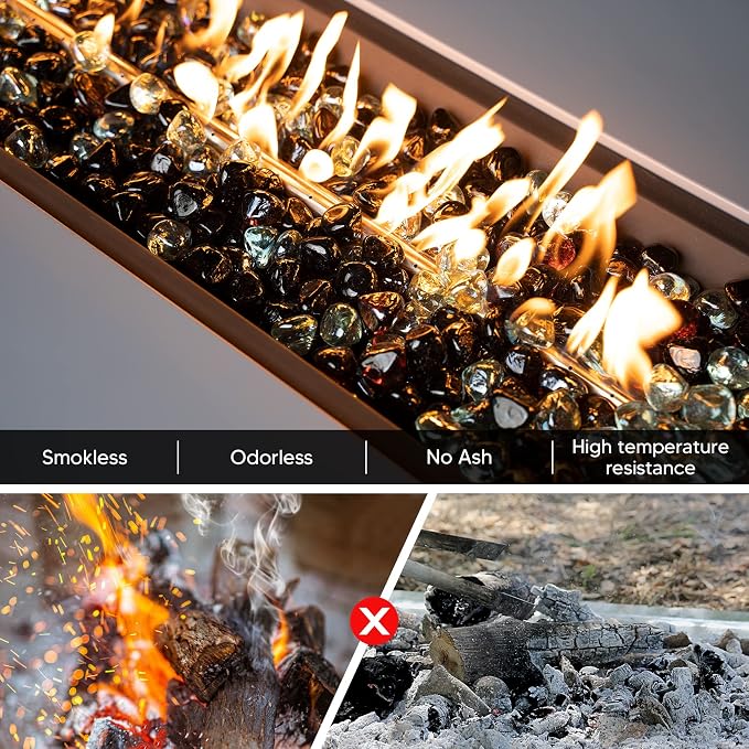 onlyfire 10-Pounds Fire Glass Diamonds for Propane Fire Pit, 1 Inch Blended Firepit Glass Rocks Stones for Gas Fireplace and Fire Pit Table, Onyx Black, Crystal Ice and Amber