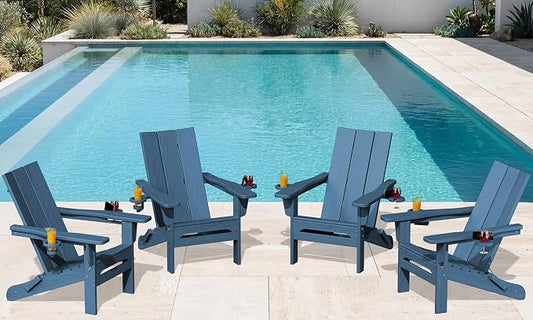 SERWALL Modern Folding Adirondack Chair Set of 4, HDPE Weather Resistant Outdoor Adirondack Chair with Dual Cup Holders, Patio Lawn Garden Chairs, Blue