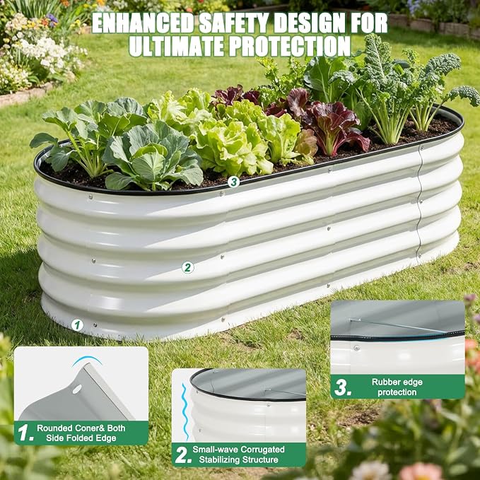 Galvanized Raised Garden Bed Outdoor, 2Pcs 4x2x1ft Oval Planter Box with Rubber Strip,Metal Raised Bed Kit for Vegetables Flowers Herbs, White
