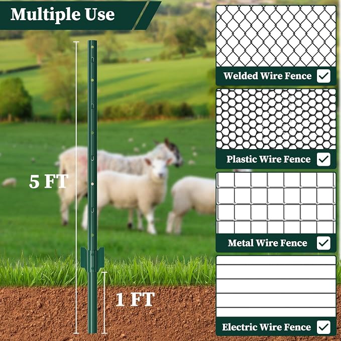 20 Pack Metal Garden Fence Posts 5 FT Green – Heavy Duty U-Post for Wire Fencing, No-Dig Fence Stakes for Temporary Fencing, Corner Anchor Posts, Rustproof Powder-Coated Steel for Farm, Yard & Garden