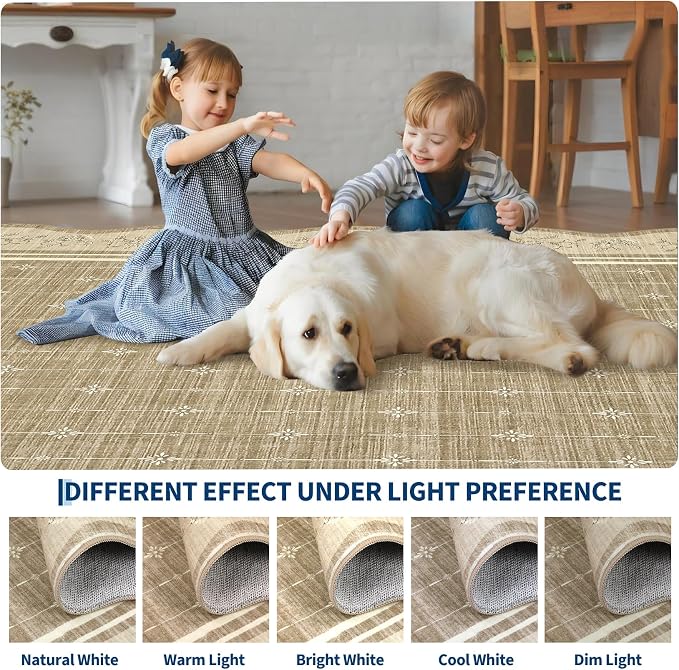 Garvee Scollaped Rugs for Living Room 5x7 Area Rugs for Bedroom Soft Camel | Non-Slip Low Pile Neutral Kids Rug Non-Shedding Bordered Nursery Carpet Foldable Thin Mat for Dining Room Kitchen Playroom