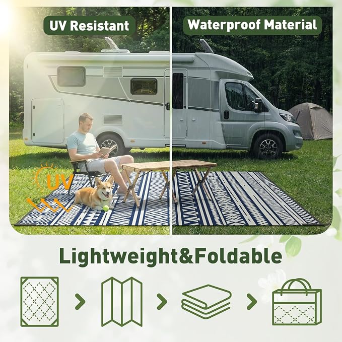 MontVoo Outdoor Rug 8x10 Waterproof Outdoor Patio Rug Mat Reverisble Plastic Straw Outdoor Rug for RV Camping Picnic Beach Balcony Boho Navy Blue