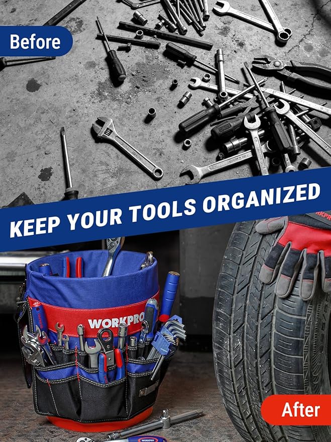 WORKPRO Bucket Tool Organizer with 51 Pockets Fits to 3.5-5 Gallon Bucket (Tools Excluded) | For Garden, Construction, Carpenter, Electrician, Welding