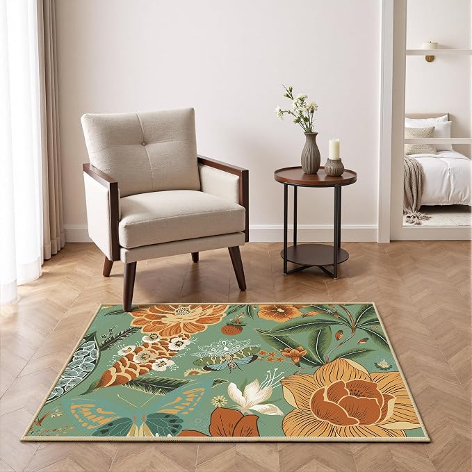 Tyrot Sage Green Boho Floral 2x3 Washable Kitchen & Entryway Rug Ultra-Thin Flat Woven Low Pile Botanical Butterfly Area Rug Non-Slip Indoor Door Mat for Bathroom Bedroom