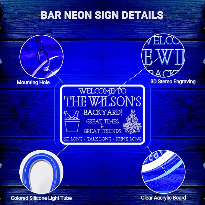 Custom Bar & Grill Neon Sign for Backyard Decor, Personalized Welcome To Backyard LED Signs, Large Beer BBQ Neon Signs Customized for Home Bar Garden Yard Patio Party Outdoor, Housewarming Gifts