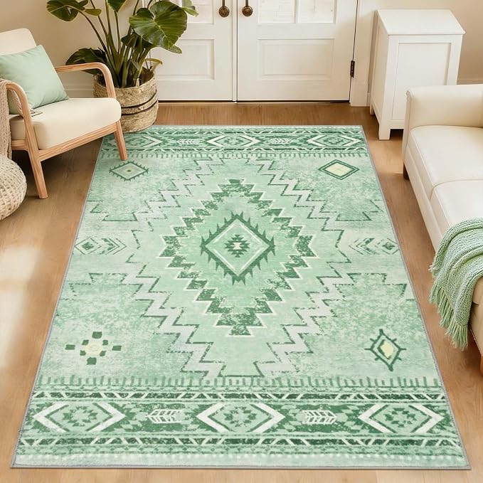 Yinhua Sage Green Entryway Rug 3x5, Western Washable Area Rug Non Slip | Navajo Geometric Rugs Low Pile, Non Shedding Small Carpet for Bedroom Entrance Living Room