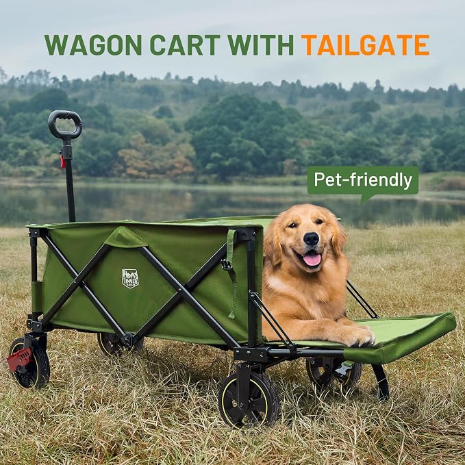 Timber Ridge 49" Extra Long Collapsible Folding Wagon with Tailgate and Brakes, 300lbs Heavy Duty Foldable Wagon with Adjustable Handle, 250L Capacity Portable Cart for Outdoor Camping Sports, Green