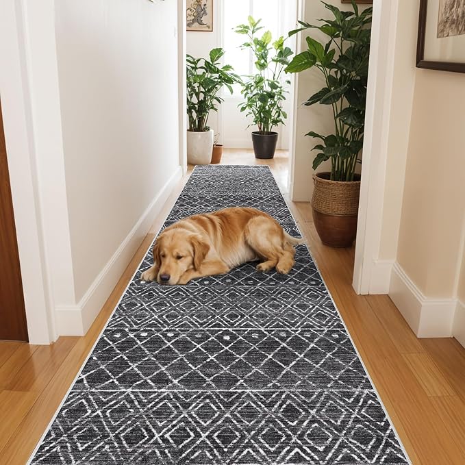 2x6 Washable Hallway Rug Runners: Moroccan Non Slip Kitchen Runner Black | Low Pile Runner Soft Indoor Floor Mat Front Door with Rubber Backing for Bedroom Entryway Laundry