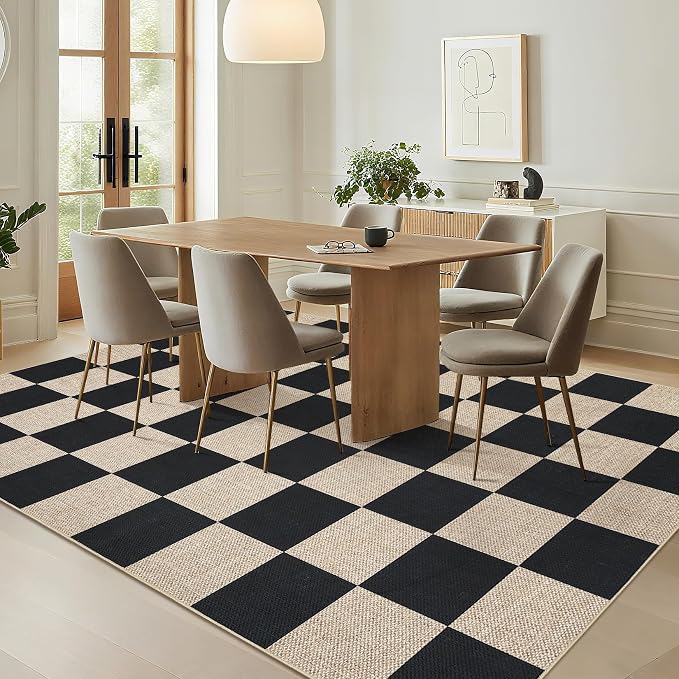 GarveeHome 9x12 Checkered Easy Jute Rugs for Bedroom Machine Washable Large Rugs Non-Slip Backing Modern Neutral Stain Resistance Carpets for Farmhouse Patio Dining Room Backyard Black
