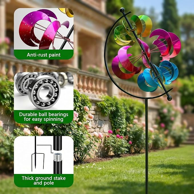 Large Kinetic Solar Wind Spinner Outdoor Metal 3D Yard Art with Stake | Multi-color wind sculpture creates a dynamic display, perfect for garden, patio, lawn and backyard outdoor decoration