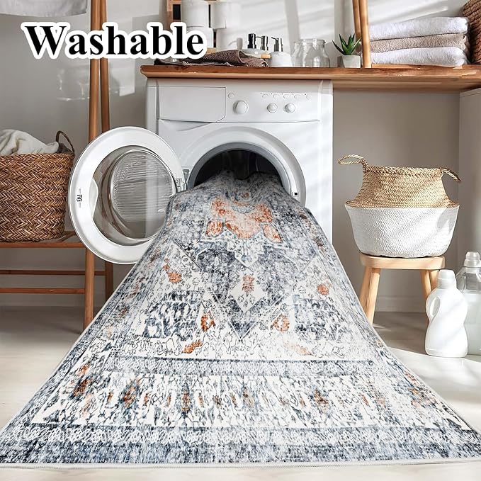 CHAMPLANT 5x7 Washable Thin Foldable Area Rug Gray Vintage Rug Traditional Floor Cover Retro Kitchen Indoor Distressed Non Slip Carpet Floral Print Mat Bedroom Living Room