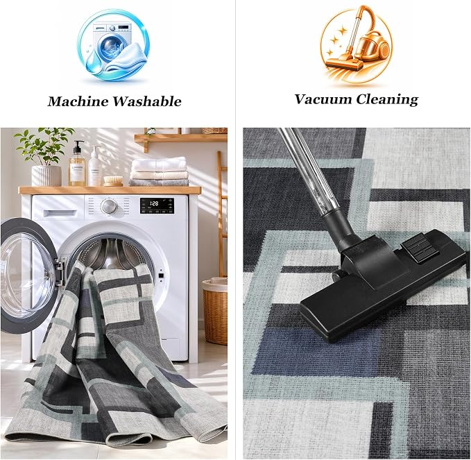 Pionblank Modern Geometric Area Rugs for Bedroom, Slate Blue 4x6 Rug | Blue Grey Patchwork Blocks Indoor Carpet for Living Room Dining Room Office | Soft Low-Pile Floor Rug | Abstract | Non-Slip