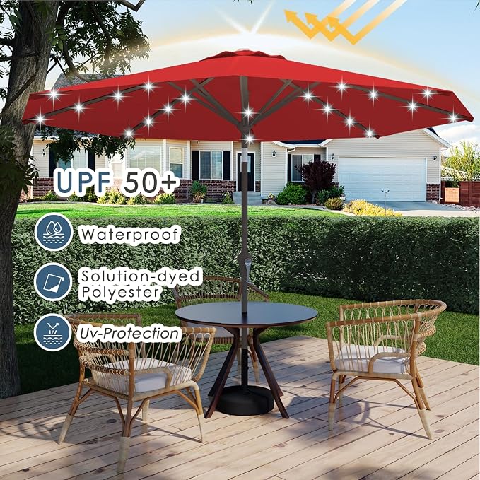 9FT Patio Umbrella with Solar Lights,Outdoor Market Umbrella with Tilt and Crank, LED Lighted Table Umbrella for Garden,Deck,Backyard,Pool,Beach (Red)