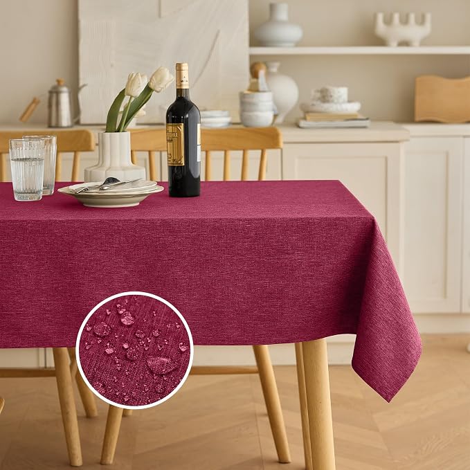 Decorelia Christmas RedWaterproof Wipe Clean Table Cloth for 10ft Banquet Rectangle Table,Outdoor Spillproof Tablecloth for Thanksgiving,Easter (Oblong, 60 x 144 Inch (12-14 Seats), Burgundy)