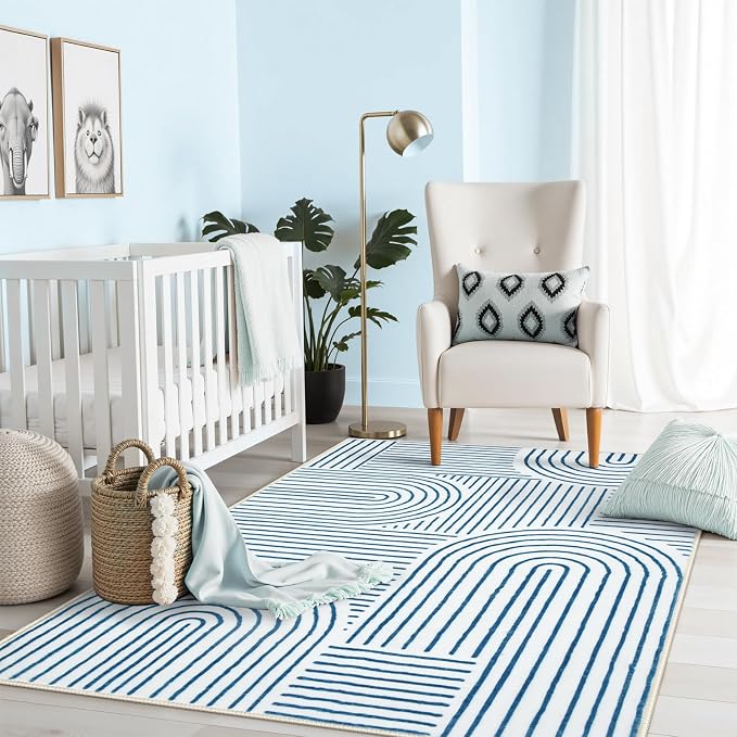 Lahome Abstract Washable Rugs, 4x6 Blue Rug for Bedroom Nursery Living Room | Soft Non Slip Modern Rug Ultra-Thin Non-Shedding Carpet for Entryway Kitchen Office Darrell(4'x6', Blue/White)