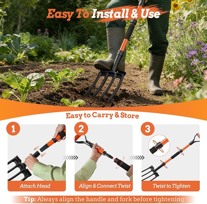 Garden Fork for Digging, 4-Tine Pitch Fork with Foot Step, Ergonomic Y-Handle & Comfortable Grip, Lightweight Durable Pitchfork for Soil Loosening, Compost, Mulch, Weeding & Potato Harvest - 43 Inches