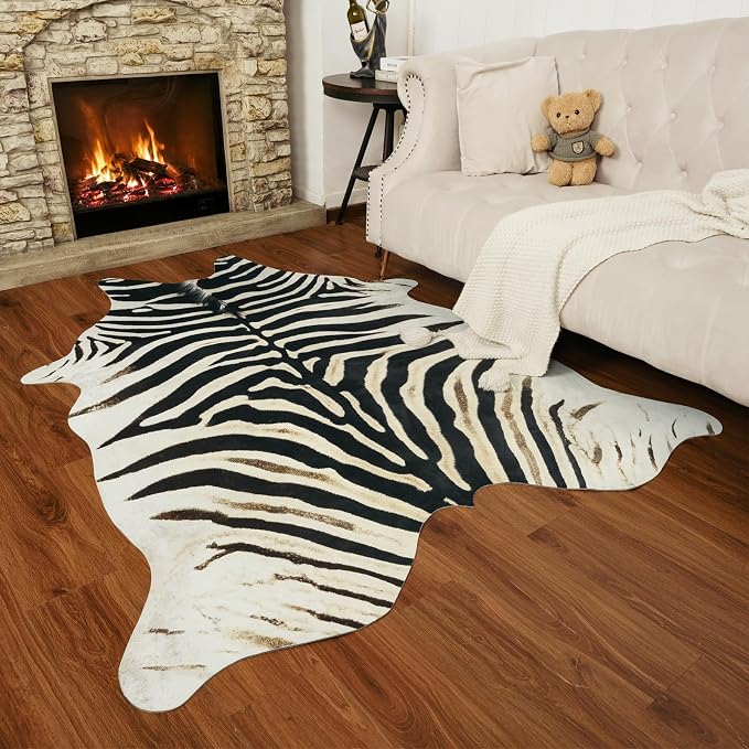 AROGAN Western Faux Zebra Rug, Sturdy Zebra Hide Rugs, Non-Slip 6.2x7 Ft | Premium Animal Skin Print Rug for Wall Decor, Western Floor Carpet for Bedroom Living Room, Black and White