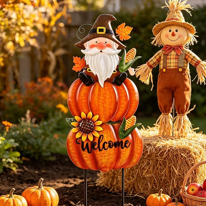 Fall Gnome Yard Stakes Large 39.3inch for Thanksgiving Decor | Metal Pumpkins for Outdoors Garden Patio Autumn Harvest Outdoor Decor