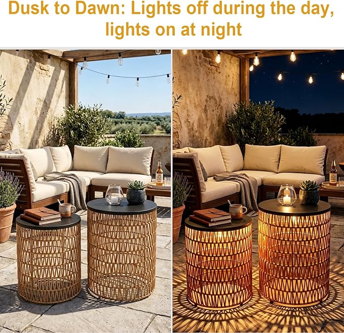 HMVPL Solar Outdoor Side Table for Patio, Round Patio Side Table for Outside, Outdoor End Table Set of 2 with Dimmable Light, Plastic Rattan Accent Table for Poolside Backyard Gazebo, Dusk to Dawn