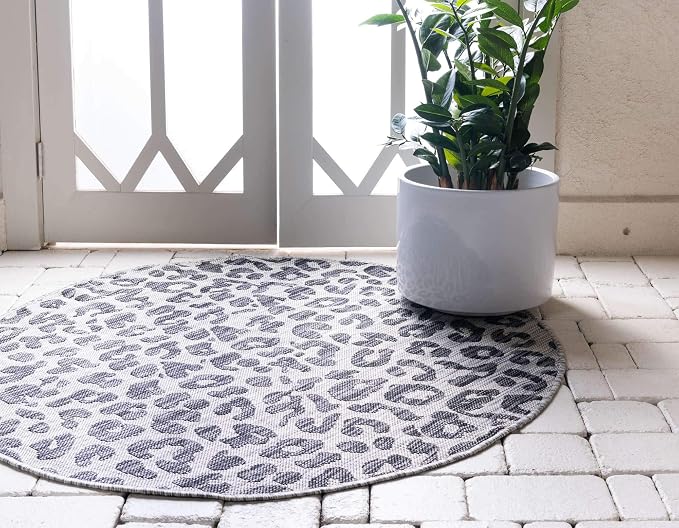 Unique Loom Outdoor Safari Collection Area Rug - Leopard (4' Round Light Gray/Gray)